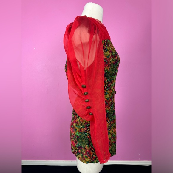 Vintage 1980s 80s Button Up Blouse with Ruched Red Chiffon Sheer Long Sleeves - Picture 5 of 11